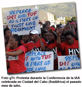 Foto gTt: Protesta durante la conferencia de la IAS 2009 en Sudáfrica exigiendo la sustitución de D4T por TDF